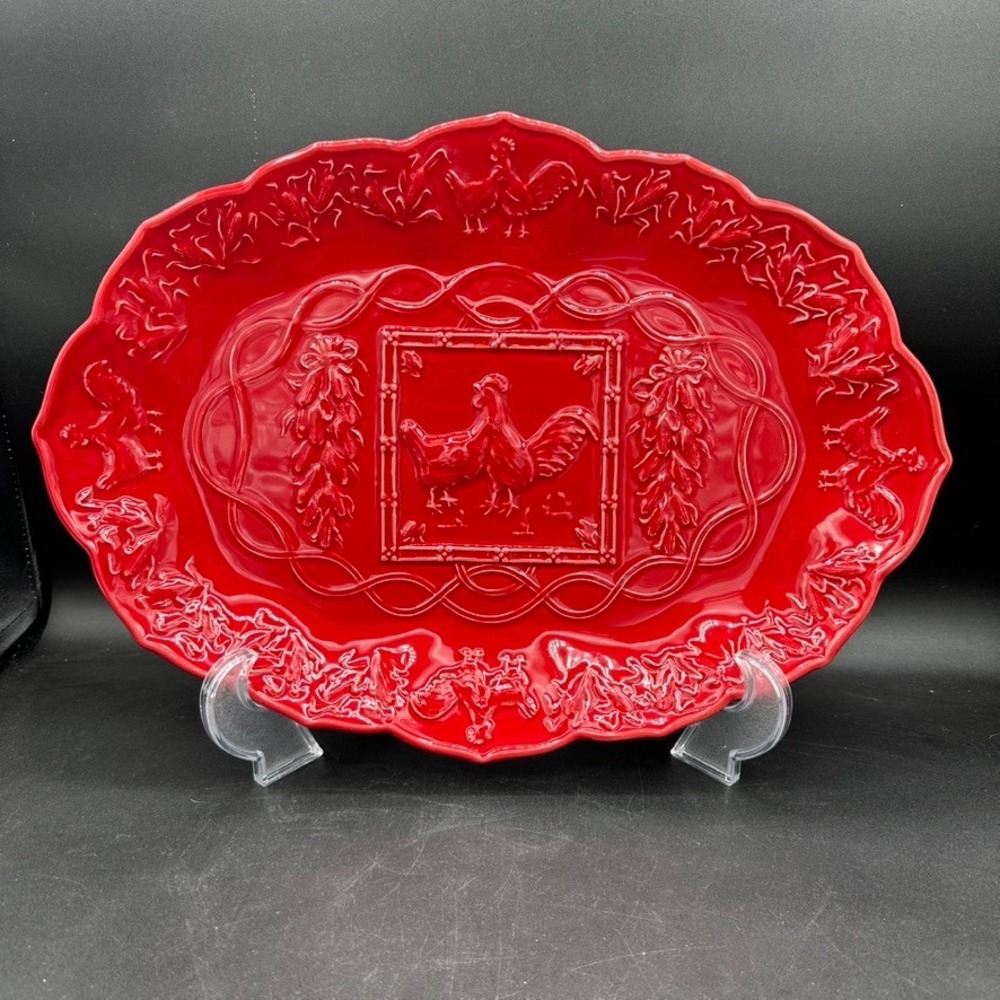 Bordallo Pinheiro Rooster Serving Platter Red Ceramic Portugal Scalloped Edge OS
